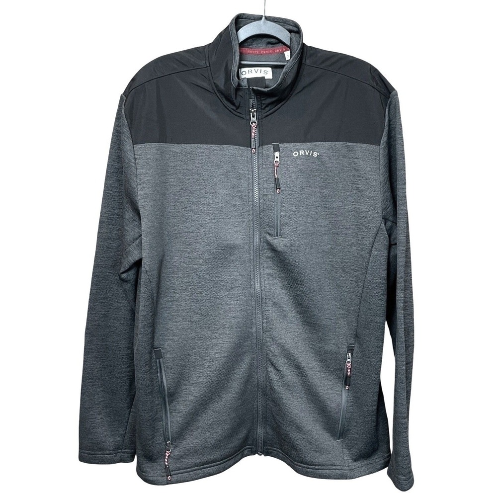 Orvis Grey Black Contrast Full Zip Fleece Jacket Mens L